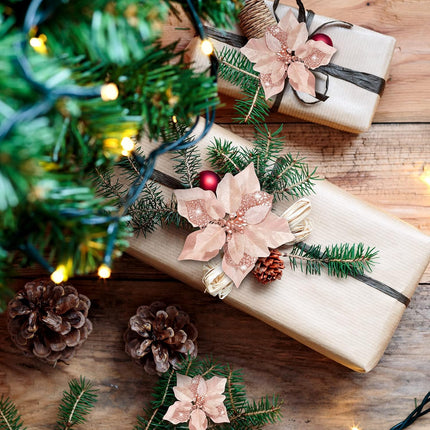 Boao 24 Pieces Christmas Artificial Glitter Poinsettia Flowers Xmas Flowers Wedding Christmas Tree Year Ornaments(Rose Gold)