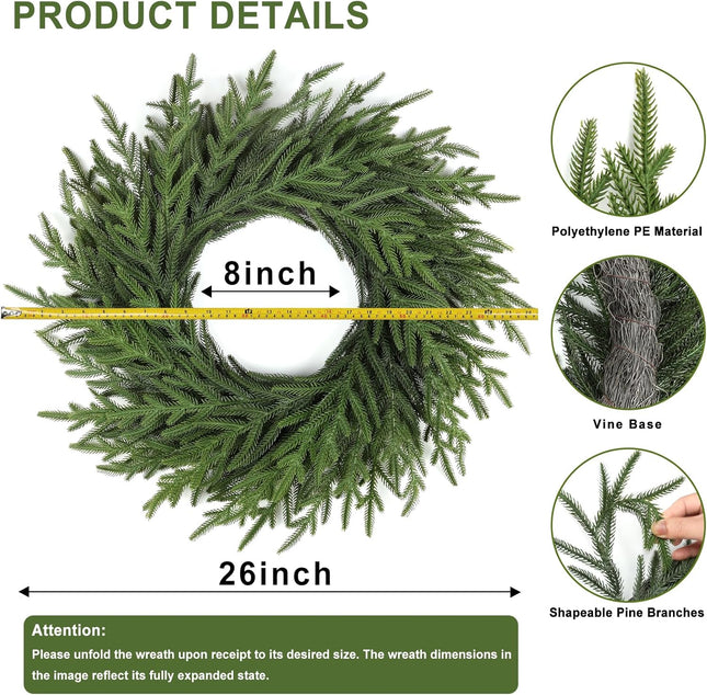 Artgar 26 Inch Pine Wreath - Christmas Wreaths for Front Door - Real Touch Pine Wreath - Large Artificial Green Pine Wreaths for Walls Windows Porches Farmhouse Indoor Outdoor Home Decor (Green)
