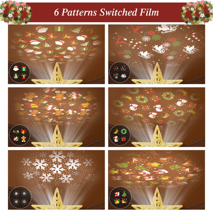 Christmas Tree Topper Lighted with 6 Pattern Projection Modes, Christmas Star Tree Topper Built-in LED Rotating Lights, 3D Glitter Dynamic Projection for Christmas Tree Decor(Gold)
