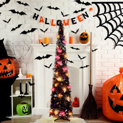 2 Pack 5ft Black Tinsel Halloween Christmas Tree, Pop Up Artificial Pencil Tree Indoor Home Outdoor Party Decorations
