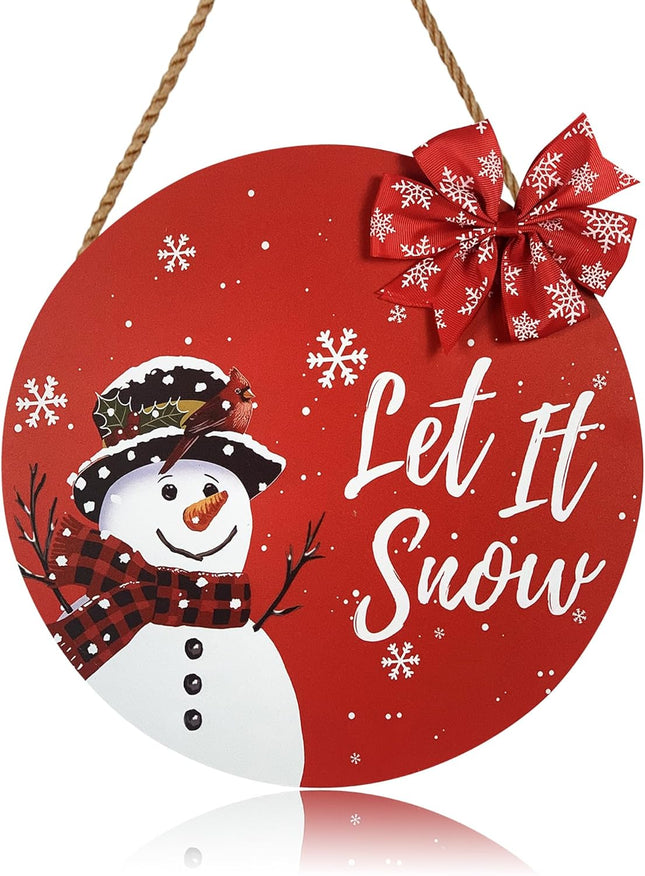 Christmas Snowman Door Sign Front Door Decor Wall Hanging Decoration Xmas Wood Door Hanger for Outdoor Porch Indoor 12in