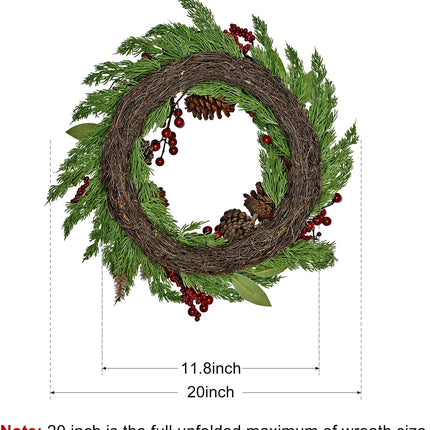 20 Inch Christmas Wreath with Pinecone Berries Christmas Decorations Front Door Wreath for Outdoor Indoor Party Wall Table Home Decor Brown Sign