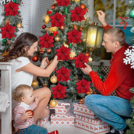 SHACOS 10 pcs 11.8" Artificial Christmas Red Poinsettia Flowers Clips on Large Velvet Floral Picks Christmas Tree Ornaments Wreath Garland Decoration Indoor Outdoor