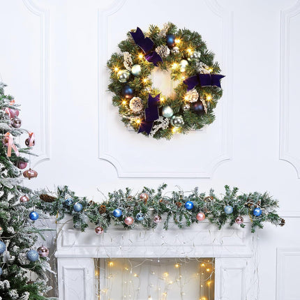 LinTimes Christmas Wreaths, 18 Inch Christmas Wreath for Front Door with 15 LED Lights, Pre-lit Christmas Decoration with Blue Bows Silver Leaves Ball Ornaments for Christmas Wall Window Decor