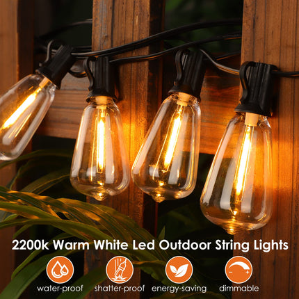 Outdoor String Lights, 50FT 2200K LED Patio Lights with ST38 Waterproof Bulbs, Retro Connectable String Lights for Patio Backyard Balcony