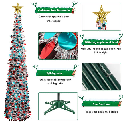 QUIENKITCH 6FT Pop Up Christmas Tinsel Tree, Collapsible Artificial Pencil Tree, Slim Xmas Trees with Topper Star for Indoor Fireplace Home Party Christmas Decor