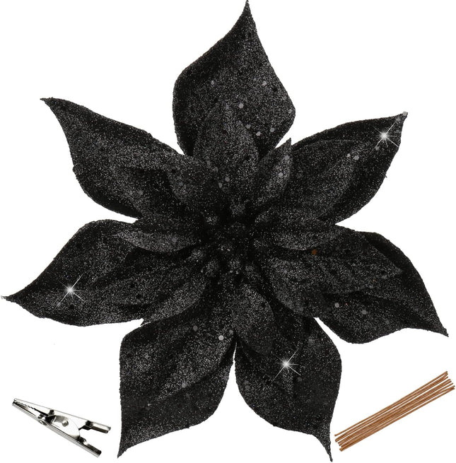Briful 9'' Poinsettia Christmas Flowers 8PCS Black Glitter Floral Picks Large Xmas Ornament Flowers for Home Xmas Tree Wreath Garland Indoor Outdoor Decoration