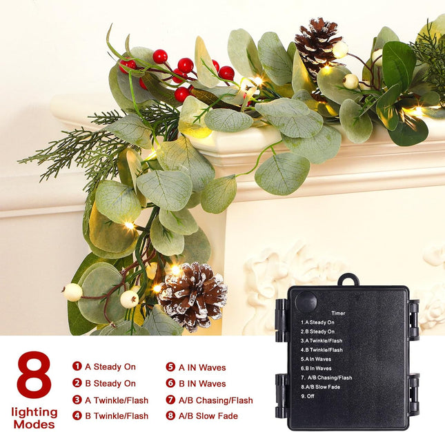 6ft Prelit Artificial Eucalyptus Christmas Garland, Multi-Color Lights/Battery Operated, Lighted Faux Silver Dollar Garland for Mantle Table Stairs Railing Xmas Indoor Outdoor Decoration