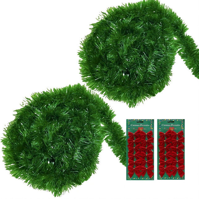 50 Feet Christmas Wreath Decorations, ENLAYER 4 Inch Width Soft Green Holiday Decor for Holiday Happy Year Party Tree Home Office Event with 12 Red Bow Tie(4Inch, 2PCS)