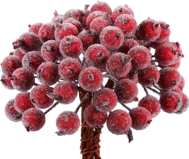 Tatuo 400 Pieces Artificial Frosted Holly Berries Fake 12 mm Mini Christmas Fruit Berry Flower Decor (Dark Red)