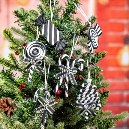 Blulu 6 Pcs Christmas Black and White Candy Cane Hanging Ornaments Halloween Glitter Candy Tree Decorations Polymer Clay Peppermint Candy Winter Holiday Xmas Party Supplies for Wreaths Christmas trees