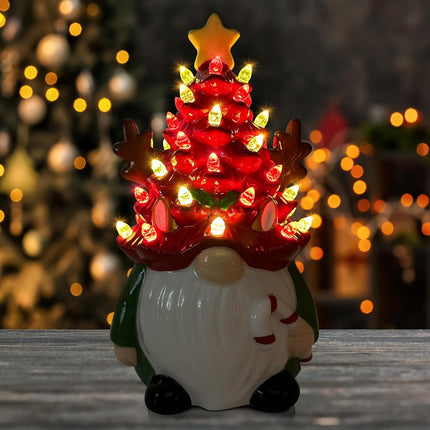 pinata Deer Ceramic Christmas Tree Gnomes, Christmas Kids Women s Lighted Small Christmas Tree Christmas Decorations Indoorhome Room Table Top, LED Farmhouse Reindeer Decor Figurine (Red Green)
