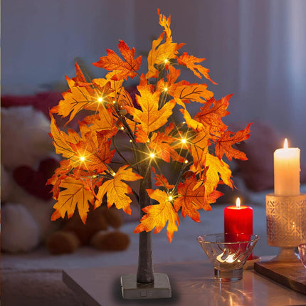 Dazzle Bright 2 Pack 24 Inch Lighted Thanksgiving Fall Maple Tree Decor, 24 LED Battery Operated Decorations Artificial Tree with Timer for Indoor Home Room Holiday Xmas Party