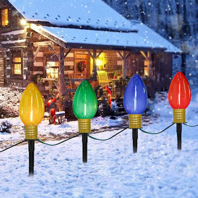 C9 Outdoor Christmas Pathway Lights, Set of 4 Outdoor Lawn Christmas Lights with C9 Clear Multicolored Jumbo LED Bulbs, 7Ft Connectable Marker Stake Lights for Holiday Outside Yard Garden Decor
