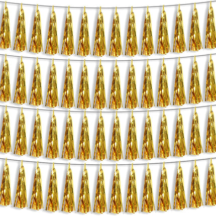 4P Gold Foil Fringe Metallic Tassel Streamers Banner Tassel Garland for Parade Floats, Bachelorette, Wedding, Birthday, Halloween, Christmas, Bridal/Baby Shower Party Decorations