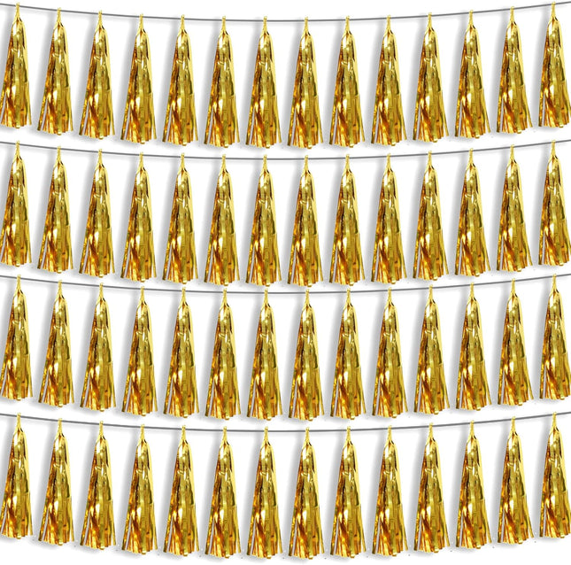 4P Gold Foil Fringe Metallic Tassel Streamers Banner Tassel Garland for Parade Floats, Bachelorette, Wedding, Birthday, Halloween, Christmas, Bridal/Baby Shower Party Decorations