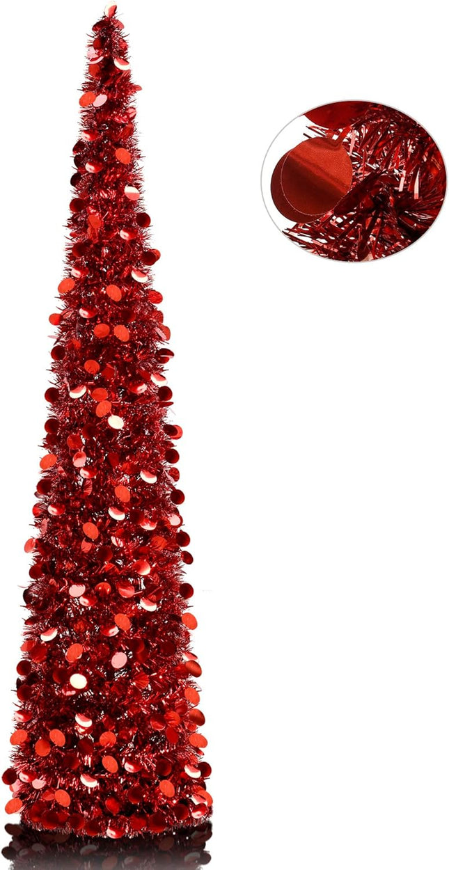 5FT Pop-Up Artificial Christmas Tree, Collapsible Pencil Christmas Tree for Indoor, Outdoor, Apartment, Party Decorations and Home Decor.Red