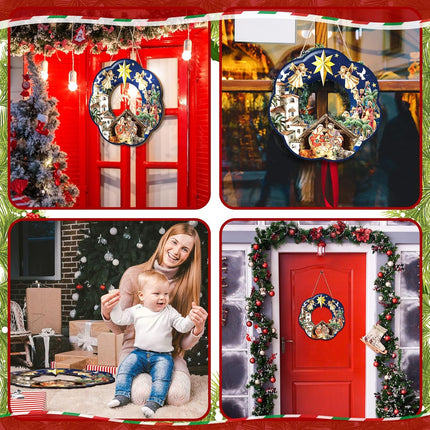 Holy Family Wreath Decorations Christmas Front Door Wreaths Sign Wooden Nativity Scene Wreath Religious Nativity Scene Door Decoration for Xmas Home Window Wall Decor(Holy Family)