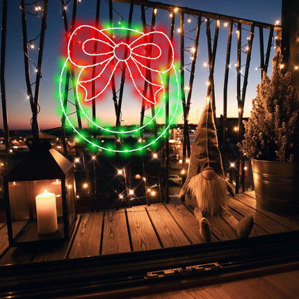 Christmas Wreath Window Lights Decorations, 13.5 in 82LEDs Christmas Wreath Lights with Bow, Timer Remote Control USB Powered Window Silhouette Lights for Door Home Wall Winter Xmas Party Decor