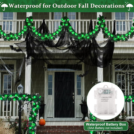Ouddy Decor Lighted Halloween Garland, Total 10 FT 30 LED Black Maple Leaves Garland with Eyeballs Lights Waterproof Timer Battery Operated for Indoor Outdoor Home Halloween Decorations, Green