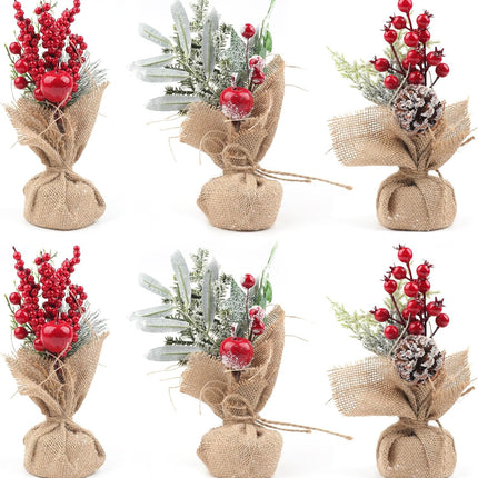 Fangoo 6pcs Mini Artificial Christmas Tree with Pine Cone Red Berry Desktop Tree with Linen Base Artificial Frost Trees Xmas Tree for Office Desks and Christmas Party Decorations