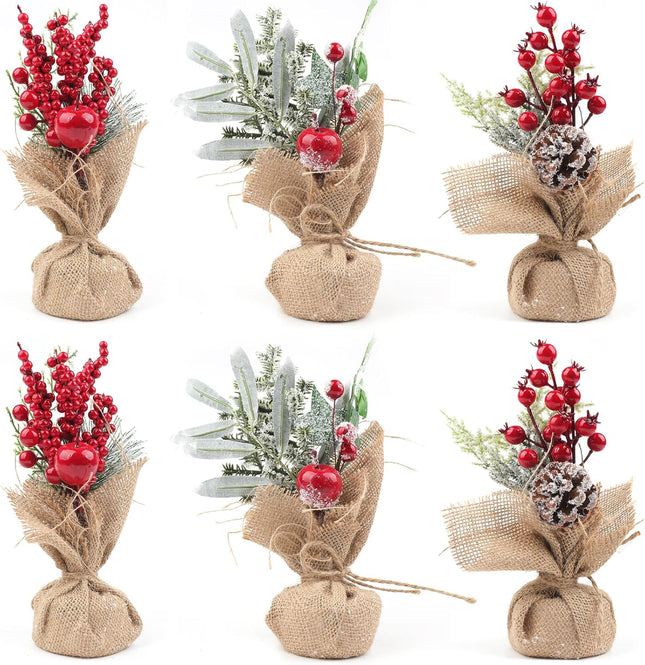 Fangoo 6pcs Mini Artificial Christmas Tree with Pine Cone Red Berry Desktop Tree with Linen Base Artificial Frost Trees Xmas Tree for Office Desks and Christmas Party Decorations