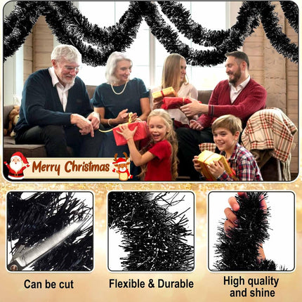 50 Feet Christmas Foil Fringe Garland Metallic Tassle Banner Wall Hanging Tinsel Streamers Backdrop for Parade Floats, Thanksgiving, Birthday, Halloween Party Decorations(2" x 50', Black)