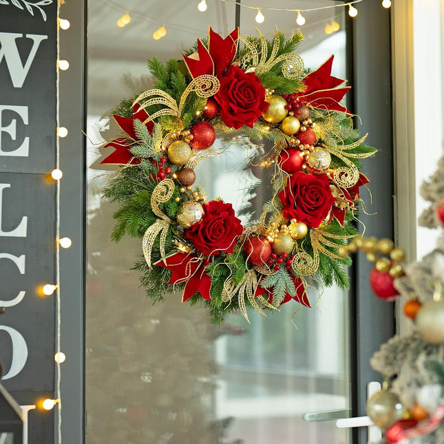 Pre-lit Christmas Wreaths for Front Door 24 Inch Outdoor Christmas Wreath with Lights,Luxury Lighted Xmas Door Wreath with Ball Ornamental,Red Rose Flowers for Farmhouse Home Decorations