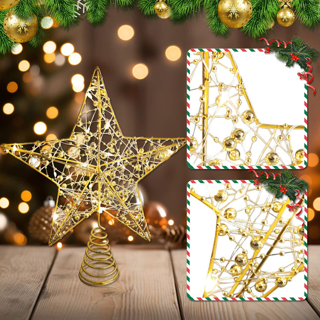 Christmas Tree Topper 10" Golden Glittered Star Tree Topper with 20 LED Lights Xmas Tree Topper Star for Xmas Decorations Ornaments Holiday Party Indoor Decor
