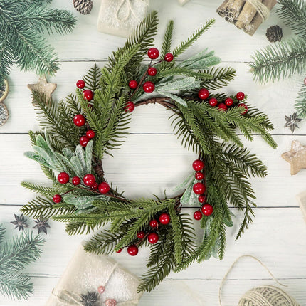 Christmas Wreath for Front Door, 13.78'' Christmas Candle Ring Wreath with Mistletoe Leaves,Berry and Pine Branch for Xmas Table Fireplaces Centerpiece Porch Wall Window Home Decor (1, Red)