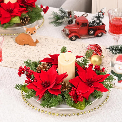 MARTINE MALL 2 Pcs Christmas Candle Rings, 12 In Artificial Poinsettia Candle Rings, Red Berry Gold Pinecones Candle Ring Holder Christmas Decoration for Pillars Rustic Wedding Centerpiece Table Decor