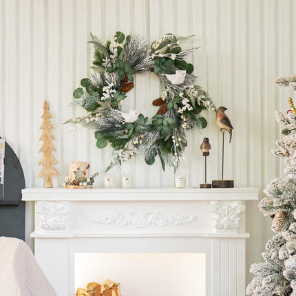 Winter Wreaths for Front Door 24 Inch Snowy Flocked Christmas Wreath Artificial Green Olive Eucalyptus Wreath with Cute White Owl,Pine Cones,Cedar,White Berries for Indoor Outdor Decor