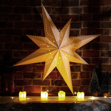 Paper Lantern Christmas 8 Pointed Hanging Star with LED Light String Lampshade Pendant Xmas Ornament for Wedding Holiday Birthday Home Decor 23.6 Inches(White)