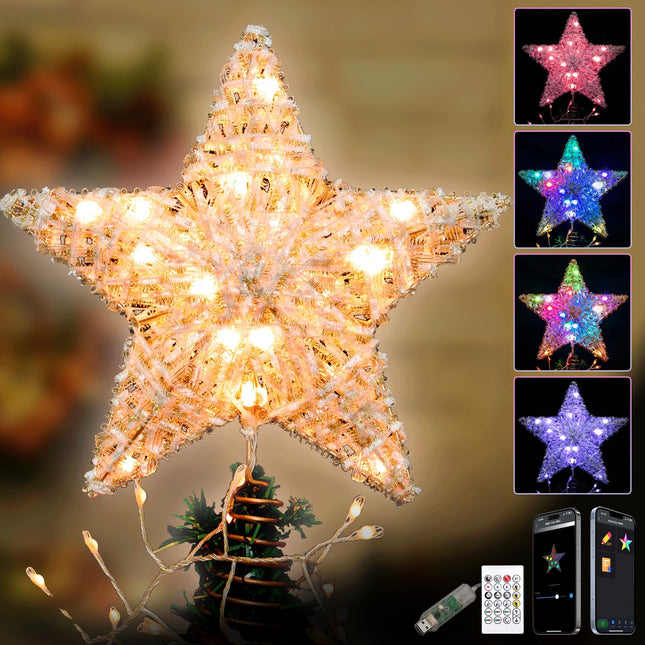 Christmas Tree Topper, Star for Christmas Tree Decorations, Gold Christmas Star Tree Topper for Home Garden USB Plug in Xmas Tree Year Holiday， DIY Color Changing, 80 Modes, APP & Remote Control