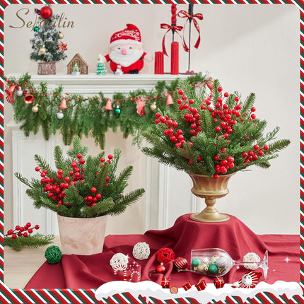 Serwalin 100 Pcs Artificial Pine Branches with Red Berry Stems,Fake Christmas Greenery Stems, Real Touch Pine Needles for DIY Christmas Garland Wreath Xmas Home Arrangements Decoration