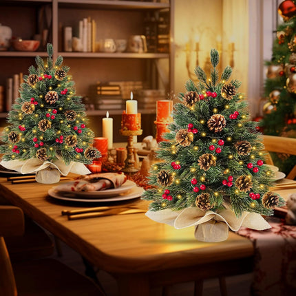 2 Pack 24''/2FT Realistic-Feel PE Thick Small Artificial Christmas Tree Tabletop Decor 40 Lights Timer Battery Operated Cedar Norfolk Pine 20 Pinecones 60 Red Berry Mini Xmas Tree Indoor Table Home
