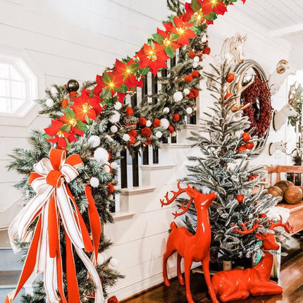 Dazzle Bright 7 FT Christmas Poinsettia Flowers Garland Decorations, 10 LED Lighted Artificial Velvet String Lights with Red Berries Holly Leaves, Xmas Ornaments for Indoor Outdoor Fireplace Decor