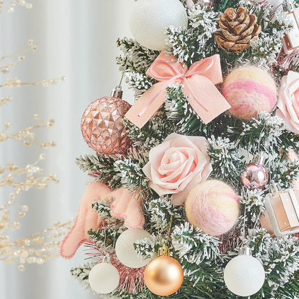 WBHome 1.8 Feet Pre-lit & Pre-Decorated Tabletop Christmas Tree, Rose Gold Ornament Decorations with Pine Cones, Snow Flocked Mini Christmas Tree with Lights, 35 Bulbs (1.8FT)