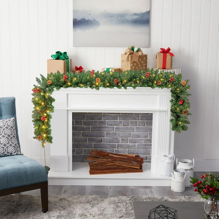 9FT Christmas Garland, Pre-lit Artificial Xmas Garland Decorations Greenery with Berries Cones, Warm White 50 LED Lights, Lighted for Indoor Outdoor Garden Gate Home Winter Holiday Year