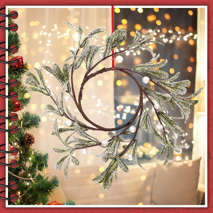 Christmas Mistletoe Candle Rings, 2 Pcs Pillar Candle Rings Wreaths Artificial Mistletoe Wreaths with Pearl Accents Country Primitive Candle Wreath for Winter Holiday Wedding Table Party Decor (White)