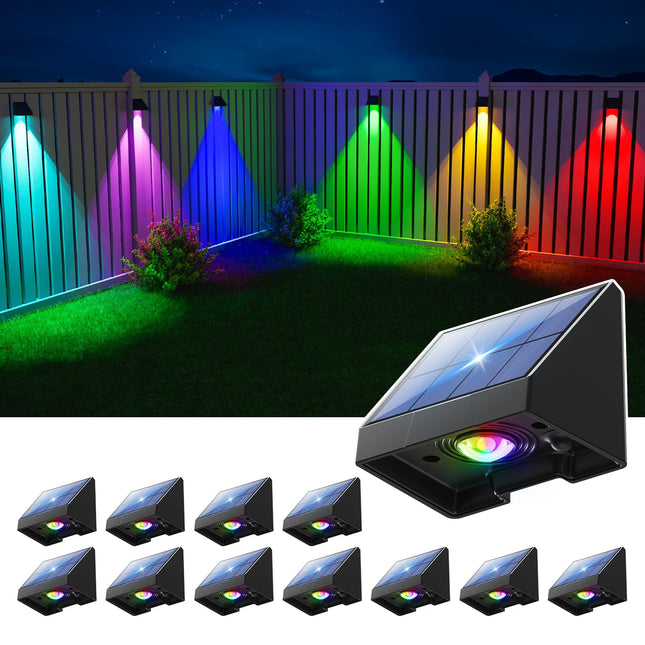 12 Pack Color Changing Solar Powered Fence Lights Outdoor Decorative LED Waterproof Yard Lighting for Outside Wall, Deck, House Patio, Rail, Stair, Backyard, 8 Colorful Modes, Easy 1-Min Installation