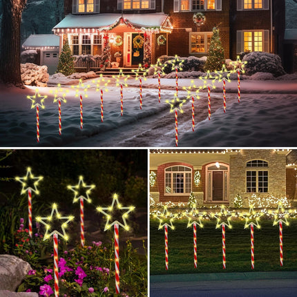 Christmas Decorations Warm White Star Lights Solar Garden Lights, Outdoor Waterproof Landscape Path Lights with Red Stake, 8 Pack 120 LED Solar Outside Christmas Lights for Yard Pathway Lawn Decor