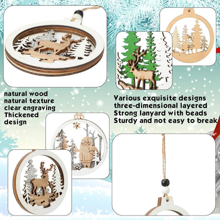 Coume 24 Pcs Christmas Wooden Ornaments Christmas Tree Ornaments Hollow Winter Ornaments Wood Craved Hanging Craft Decorations Farmhouse Rustic 3D Glitter Reindeer Santa Snowman, 12 Designs