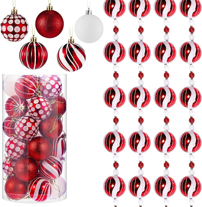 Liliful 30 Pcs 2.4 Inch Christmas Ball Ornaments and 79'' Glitter Candy Ball Garland Christmas Tree Hanging Decorations for Xmas Tree Indoor Outdoor Party Holiday Decoration Red and White