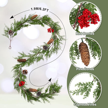 AnyDesign Christmas Garland with Red Berries Pine Cones Artificial Christmas Hanging Cedar Garland for Winter Xmas Party Dinner Door Indoor Outdoor Home Wedding Frame Backdrop Decor (6.2Ft)