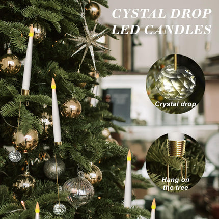 Leejec 10 Pcs Christmas Tree Candles with Crystal Drops, Wand Remote Window Candle with Timer, Battery Operated Flameless Taper Candles, Flickering Warm Light, Xmas Home Ornaments, Wedding Party Décor