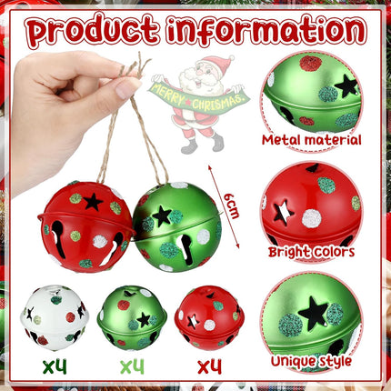 12 Pcs Large Christmas Jingle Bells with Ribbon 2.4 Inch Metal Cutout Craft Bells Lime Green Glitter Dot Red Green Christmas Tree Ornaments Xmas Hanging Decor for Holiday Wreath Garland DIY Decor