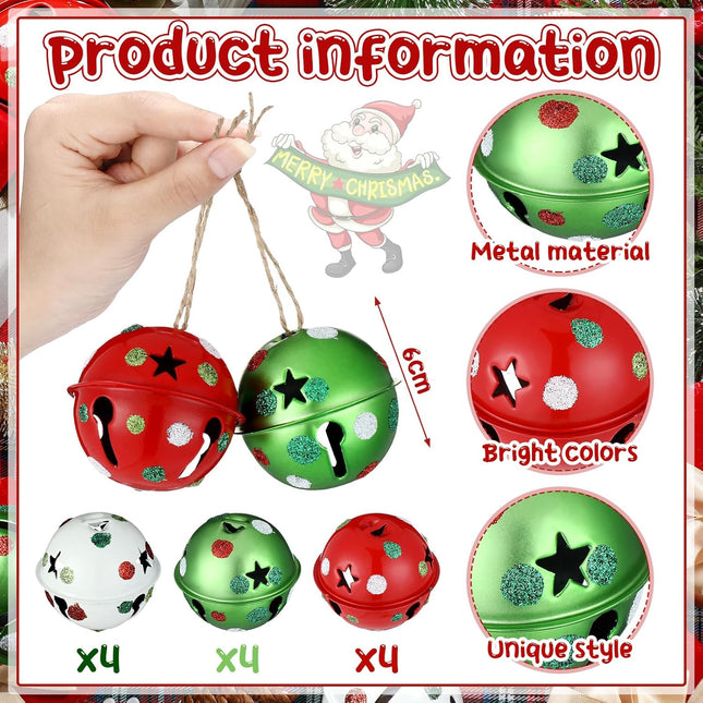 12 Pcs Large Christmas Jingle Bells with Ribbon 2.4 Inch Metal Cutout Craft Bells Lime Green Glitter Dot Red Green Christmas Tree Ornaments Xmas Hanging Decor for Holiday Wreath Garland DIY Decor