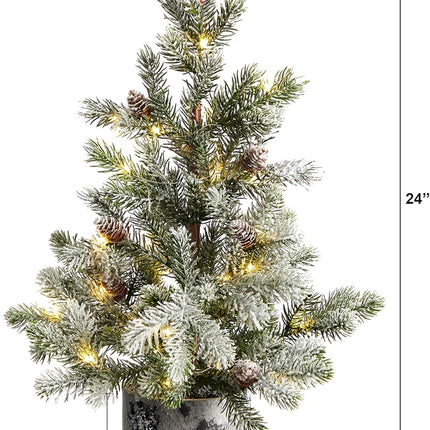 Nearly Natural 24in. Flocked Christmas Artificial Tree in Decorative Birch Bark Planter with 30 LED Lights