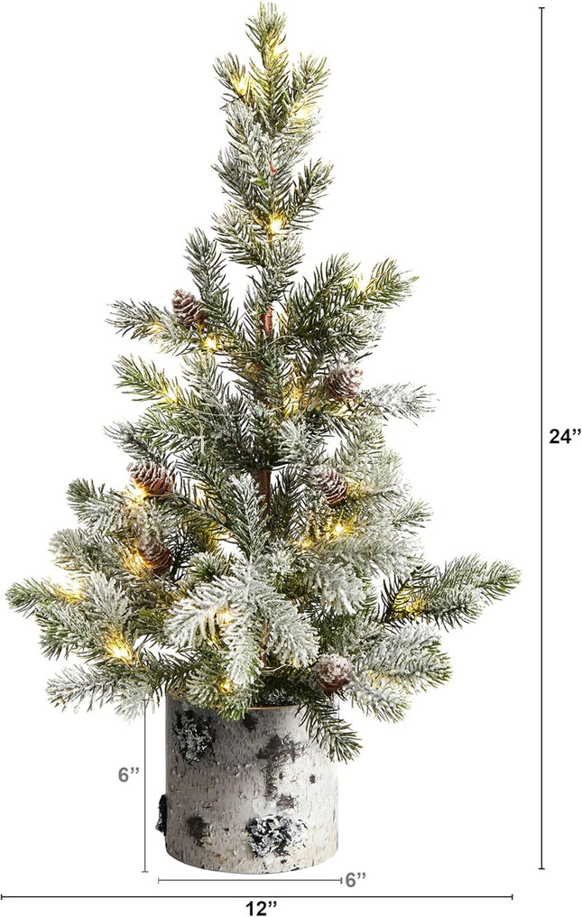 Nearly Natural 24in. Flocked Christmas Artificial Tree in Decorative Birch Bark Planter with 30 LED Lights